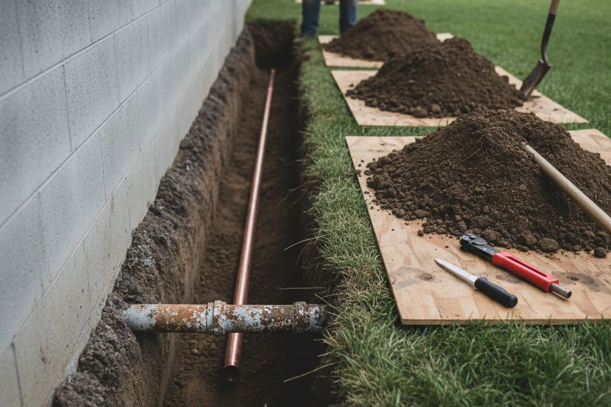 Excavated water line trench during Sewer Line Repair in New Albany